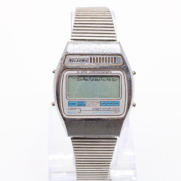 Vintage NELSONIC Digital Watch Unisex Retro Classic Silver Tone Stainless Steel - Picture 1 of 8